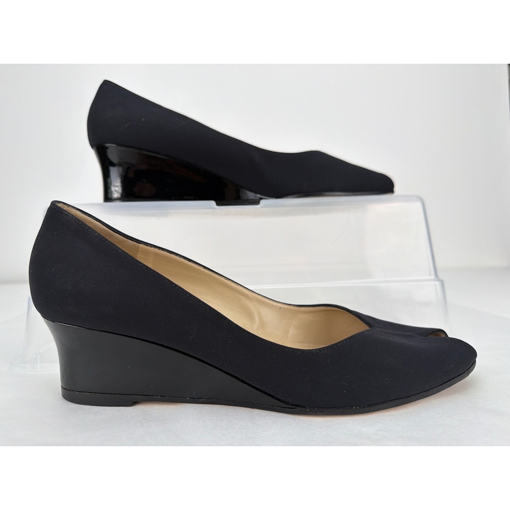 Bruno Magli Peep Toe Wedge Pumps Women 8.5 Black Fabric Patent Leather Italy